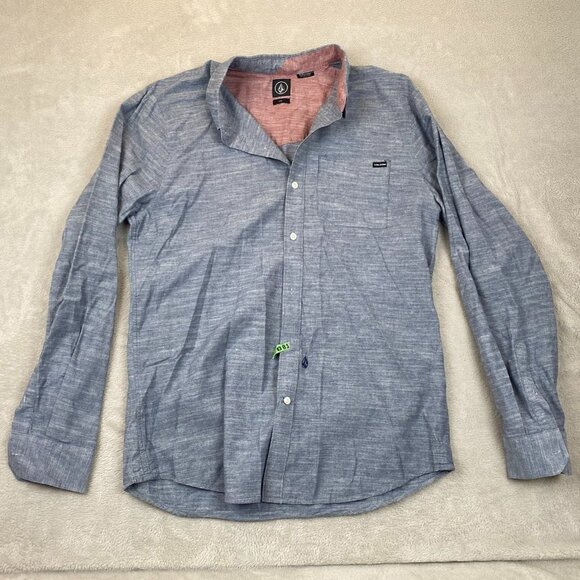 Volcom Men Shirt Large Long Sleeve Button-Up Chambray Casual Travel Classic Blue - Picture 10 of 11